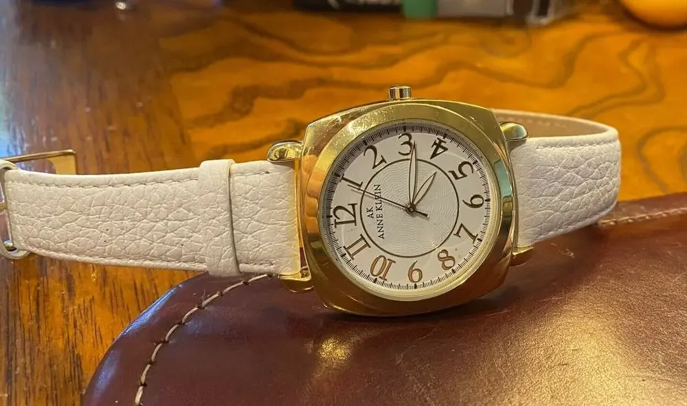 Women's 38mm Gold Tone Anne Klein AK Watch, 10/8574 Y1231E, White Leather Band